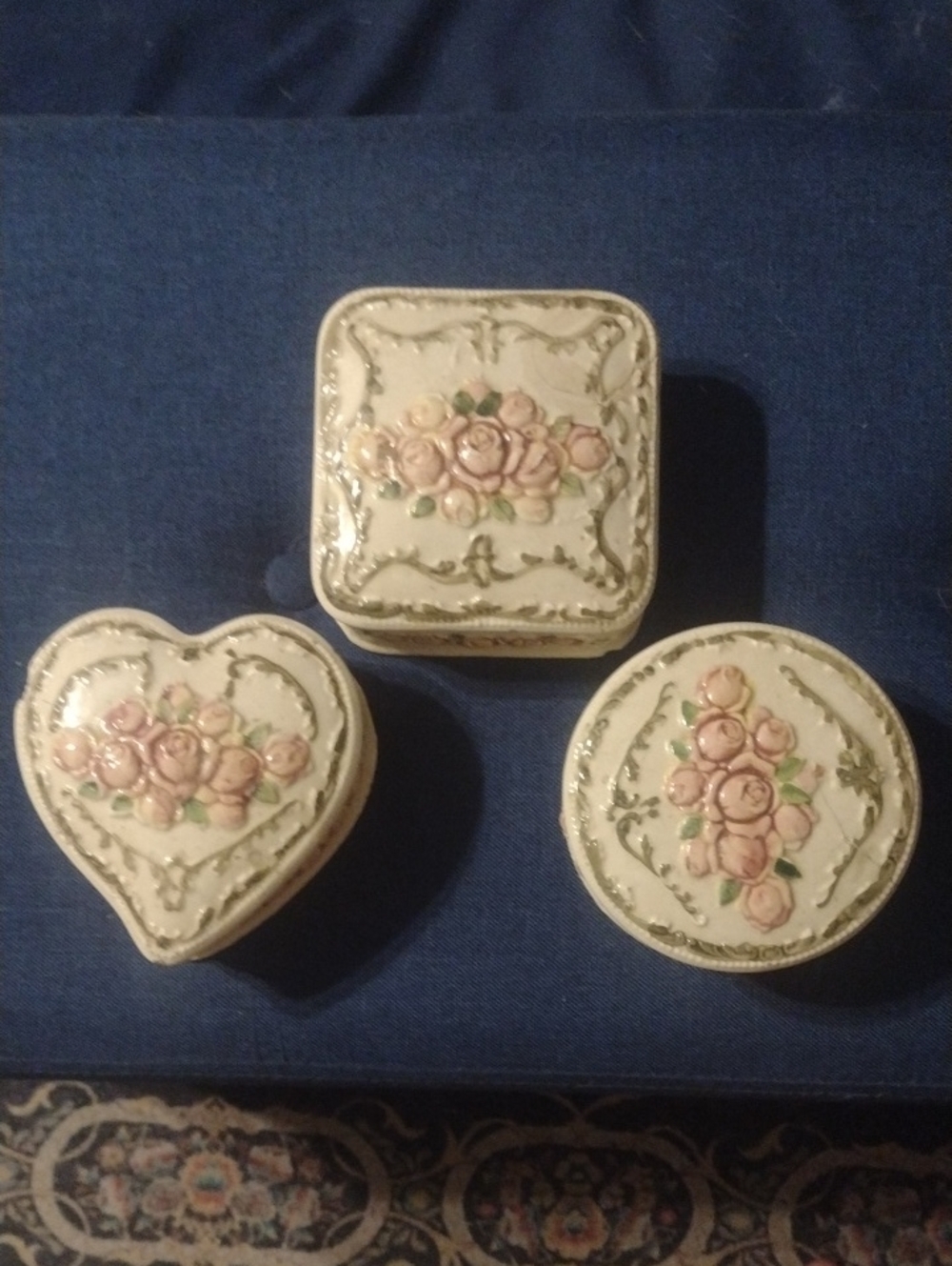 Vintage Floral Trinket Box Set - Cream with Pink Roses